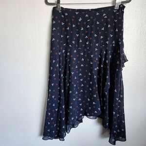 H&M Floral Midi Skirt High Low Cottagecore Indie Navy Blue Semi Sheer Size 12